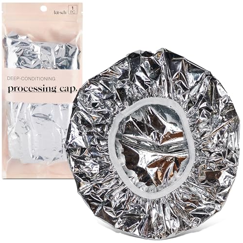 Kitsch Aluminum Foil Heat Cap for Deep Conditioning - Reusable Hair Streamer For Coloring, Perm & Treatment, Heat Cap with Elastic Band, Processing Caps for Hair, Shower Caps for Sauna, Shower & Spa