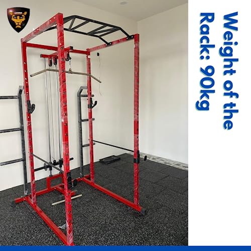 Image of Gamma Fitness Steel Power Squat Rack PR-27 with LATS Pull Down, Rowing Land Mine, Multi-Step Chinning for Home Gym Or Commercial Gym Purpose (Red, Black)