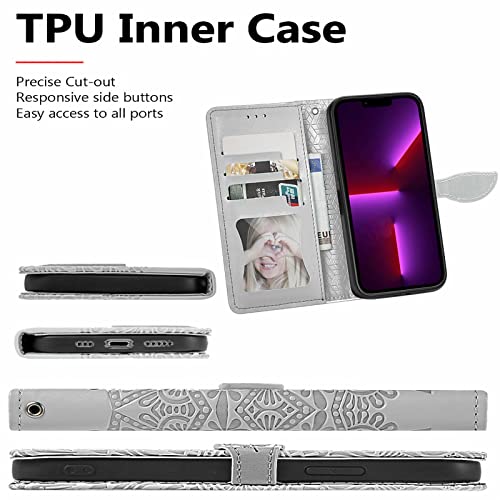 Onv Wallet Case For Samsung Galaxy S6-1.5M Adjustable Strap Emboss Feather Flip Phone Case Card Slot Magnet Leather Shell Flip Stand Cover For Samsung Galaxy S6 [Mzy] -Grey #TOP6