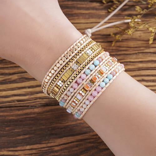 Image of Plumiss Women Boho Handmade Natural Stone Crystal Leather Bead Wrap Bracelets Collection