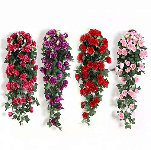 Scannay Artificial Rose Vine With Eucalyptus Leaves, Silk Rose Artificial Flowers Hanging Rose Ivy Hanging Baskets For Wedding Arch Garden Background Decor, Red #TOP1