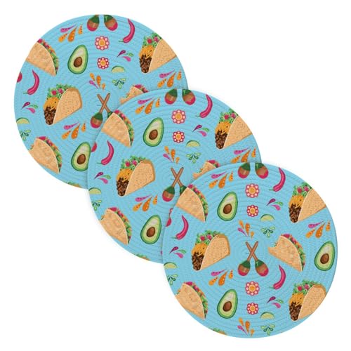 3 Pcs Kitchen Trivet Mat for Hot Dishes 15in Cotton Thread Weave Absorb Water Potholders for Stove Kitchen Decor Mexican Food Blue