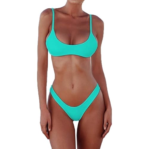 SherryDC Women's Solid Scoop Neck Push Up Padded Brazilian Thong Bikini Swimsuit Bathing Suit - Lake Green - Large