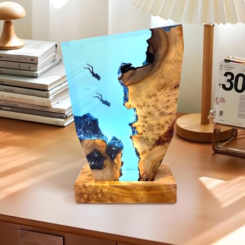 3D Ozean Harzlampe Handgefertigte Tischleuchte aus Holz und Harz Kunstobjekte mit USB-Anschluss für die Dekoration von Zuhause und Büro Geschenkidee für Taucher zum Geburtstag oder Feiertag