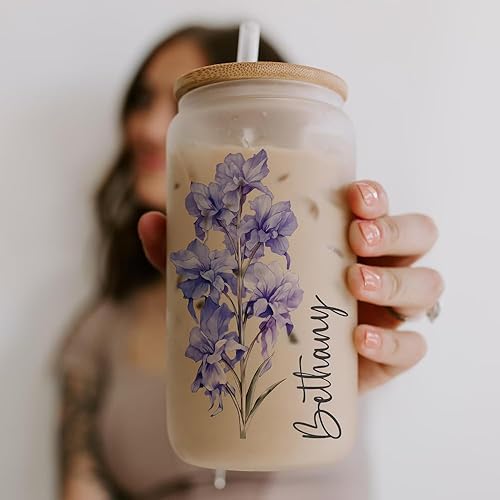 Miniatura 7 de Christmas Gift Personalized Tumbler Set with Straw Birth Flower Custom Glass Cup with Lid, Bridesmaid Proposal Christmas Gift Ideas for Women (Birth