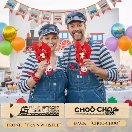 Chicingyou 24 Set Train Party Favors Include Wooden Train Whistles Bandanas Hang Tags and Hemp Rope Whistles Gift for Theme Birthday Party Noisemakers Goodie Bag Filler Small Game Prizes - Thumbnail 5