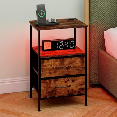 Levede LED Bedside Table with Charging Station, USB Ports and Power Outlets, Slim End Table, Bedroom Nightst andVintage Narrow Side Table with 2 Storage Drawers for Small Spaces