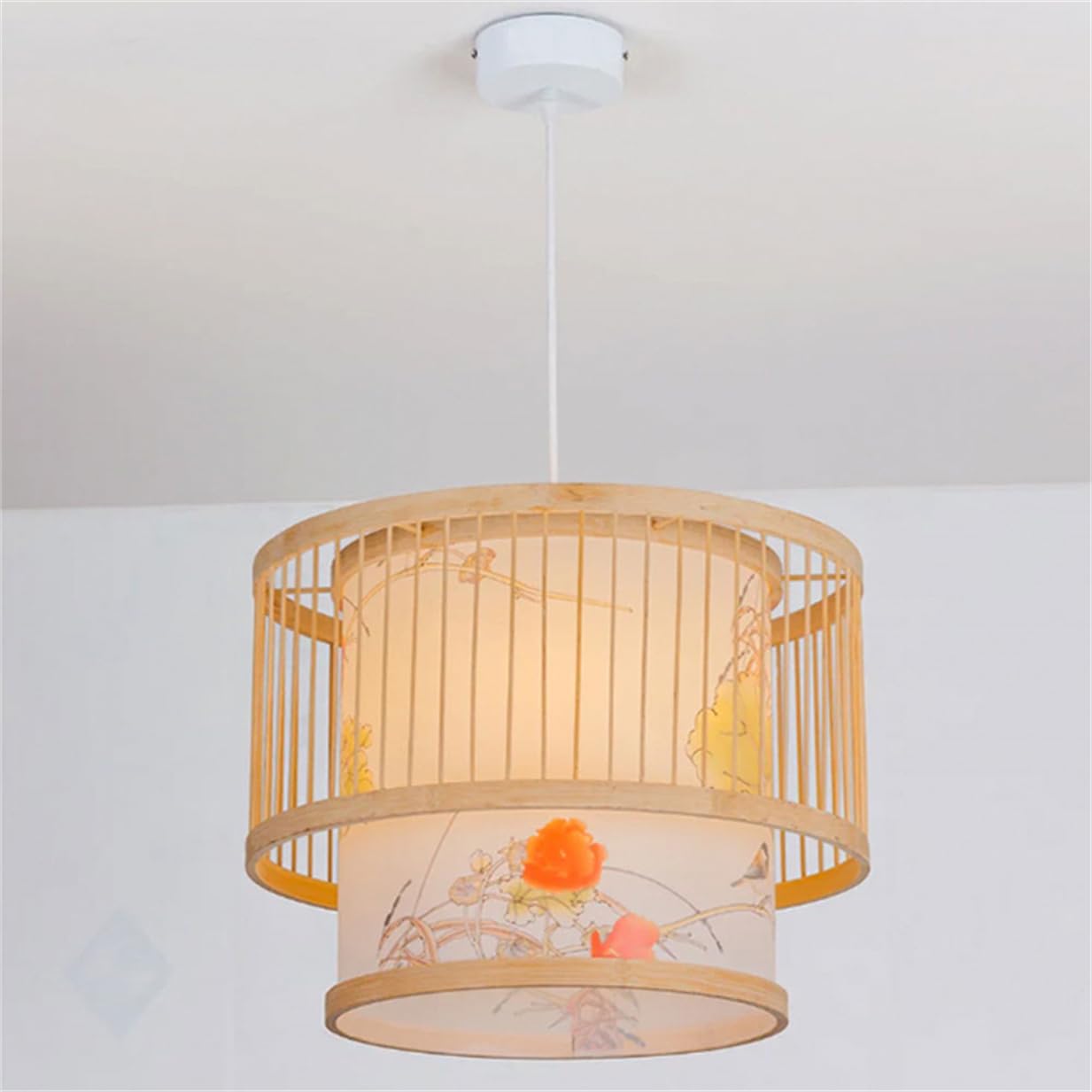 LQZCXMF Restaurant Zen Style Chandelier 1-Lights Boho Bamboo Cage Lantern 15.7" Rustic Bamboo Basket Farmhouse Light Fixtures Natural Wicker Lamp Shade for Bedroom, Dining Living, Entryway, Foyer