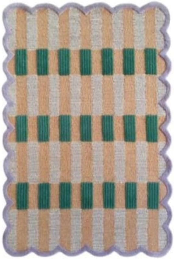Handwoven Plaid Rug with Scalloped Edge, Peach Green Lavender, Checkered Pattern, Decorative Floor Mat (240 * 300 cm)