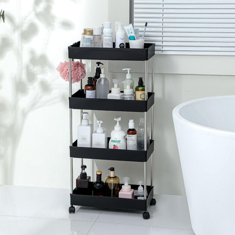 Image of Multipurpose 4-Tier Plastic Storage Rack with Wheels - Slim Organizer Shelf for Kitchen, Bathroom, Office & Home Use (Black)