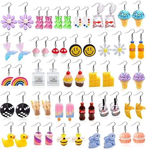 LUYI 28 Pairs Weird Cute Earrings Funny Kawaii Earrings Indie Funky Cool Earrings Including Gummy Bear Duck Water Bottle Food Mushroom Boba Tea Earrings Goldfish Flower Dangle Earrings for Girls Women