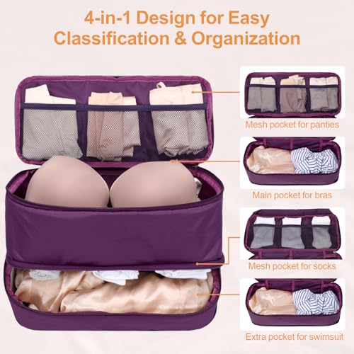 Cambond Travel Underwear Organizer Bag - 4-in-1 Lightweight Double Layer Bra Underwear Travel Bag Organizer, Portable Expandable Compression Packing Organizer Bra Bag Travel Packing Cubes, Purple - Thumbnail 3