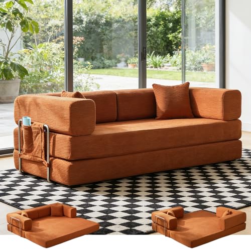 GEARIVY Folding Sofa Bed Convertable Corduroy Couch King Size Floor Sleeper 4-in-1 DIY Combination Modular Sofa Fold Out Futon Lounge Comfy Foldable Lazy cama for Living Room (Orange, 80.15')