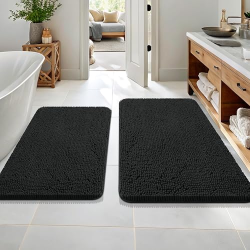 Image of OLANLY Bathroom Rugs Sets 2 Piece, Soft Absorbent Chenille Bath Rug Set, Non-Slip, Quick Dry, Machine Washable Bath Mats for Bathroom, Home Decor Accessories (36 inchx24 inch+30 inchx20 inch, Black)