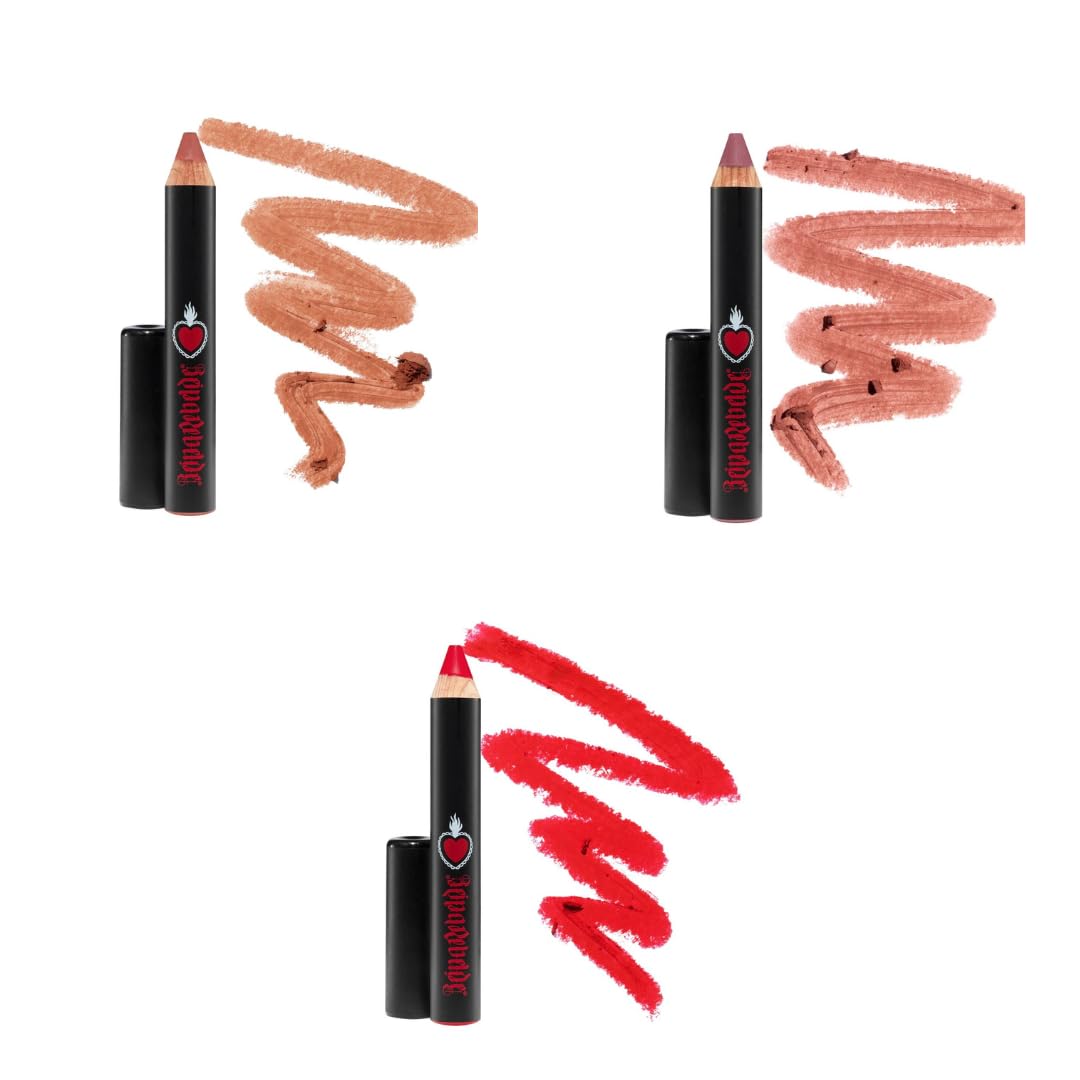 REINA REBELDE 3 Shades Bold Lip Matte Sticks from Atrevida (Punchy Red), Tranquila Tropical (Peachy Nude) and Muñeca (Pink Nude) Shades/Long-Wearing Opaque Matte Finish/Wood Barrel Pencil
