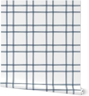 Removable Wallpaper Swatch - Windowpane Check Preppy Blue White Simple Classic Nautical Coastal Custom Pre-Pasted Wallpaper by Spoonflower