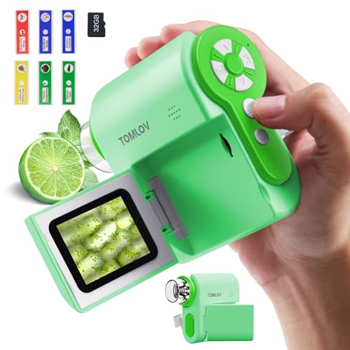 TOMLOV P20 Microscopio Digital Portátil, Miniscopio 3-en-1 para Niños, Cámara DV 1080P Portátil con Pantalla LCD Plegable de 2', Compatible con PC, 4 Horas, 6 Luces LED, 6 Preparaciones, 32GB (Verde)