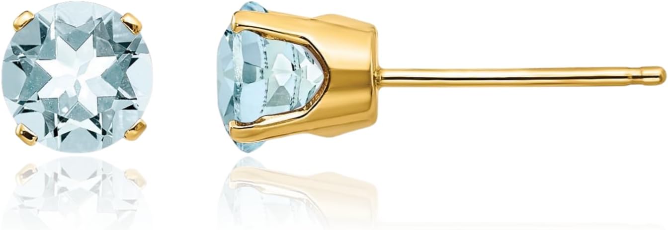 IceCarats 14K Solid Yellow Gold 0.80 carat Blue Aquamarine Medium Stud Earrings 5mm Round Cut, Natural, Prong Set, Butterfly Back For Her