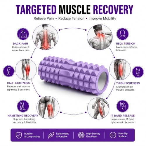 Image of Foam Roller for Exercise & Gym | Deep Tissue Muscle Massage Roller for Back, Neck, Calf & Thigh Pain Relief | Yoga, Stretching, Recovery & Fitness Workout Equipment | 33cm Purple