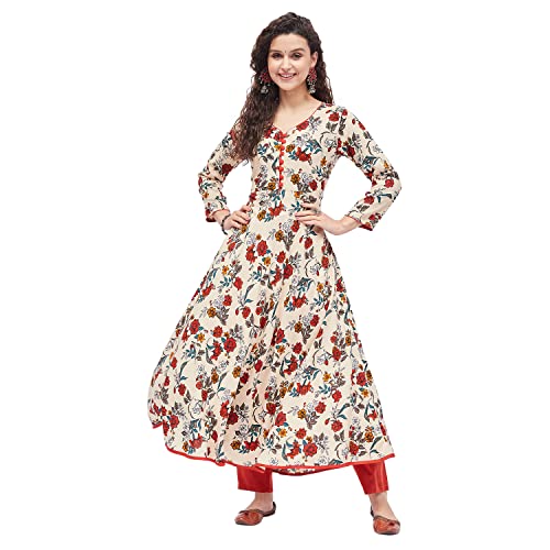 Tissu Women's Rayon Beige & Orange Floral Printed A-Line Kurta (2221_Beige_5XL)