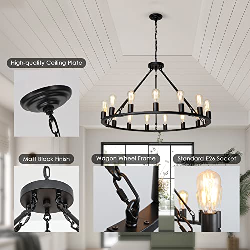 Senyshilon Wagon Wheel Chandelier, 15 Light Black Farmhouse Chandeliers for Dining Room, Dia 40'' Industrial Dining Room Light Fixture for Kitchen Island Living Room Foyer by Senyshilon - Image 6