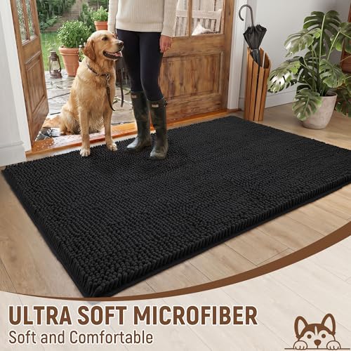 Image of Absorbent Dog Door Mat for Muddy Paws, 72 inch x 36 inch Chenille Indoor Mats for Entryway, Trap Dirt Front Door Mat Indoor Entrance Washable Non Slip Soft Black
