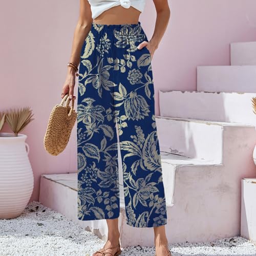 Wide Leg Cropped Pants for Women Business Casual Floral Elastic High Waisted Capri Palazzo Pants with Pockets Bottoms3