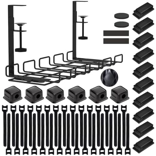 ENGYNC 52-Piece Under Desk Cable Management Tray Kit - 15.7’’ No Drill Cable Organizer Basket for Office/Home, Holds Extension Cords & Wires, Screw-Free Clamp Mount for Desk, Kitchen, Internet Cafe