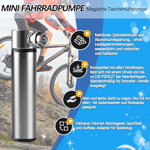 BAISEN Mini Fahrradpumpe - Aluminium Luftpumpe Fahrrad alle Ventile (Presta/Schrader),Tragbar Klein Fahrradpumpe, 120PSI Mini Fahrrad Pumpe für Rennrad, Mountainbikes und Ballpumpe (Titanium)