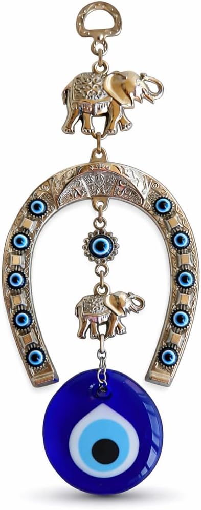 Turkish Silver Horse Shoe Blue Evil Eye Wall Hanging Ornament with Elephant - Turkish Nazar Bead Amulet – Home Protection and Good Luck Charm Gift in a Box