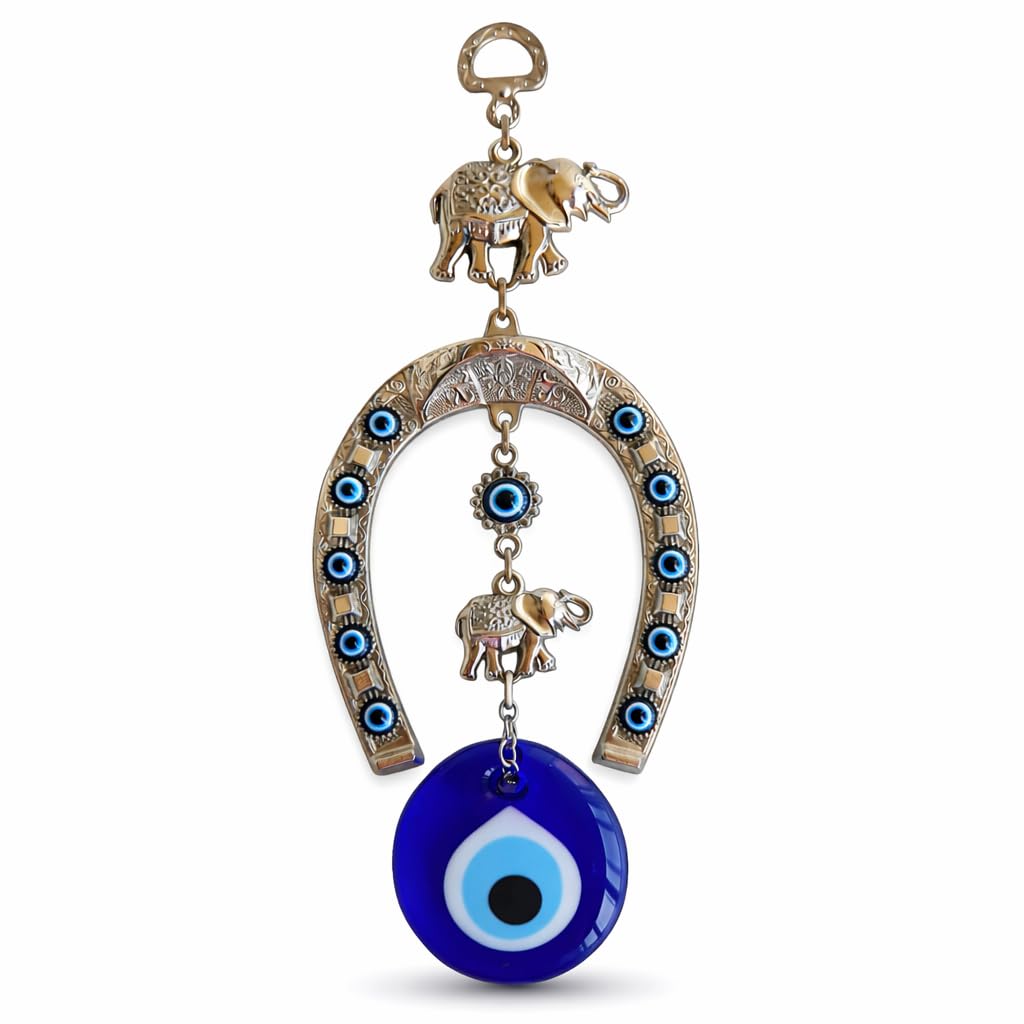 Erbulus Turkish Silver Horse Shoe Blue Evil Eye Wall Hanging Ornament with Elephant - Turkish Nazar Bead Amulet – Home Protection and Good Luck Charm Gift in a Box