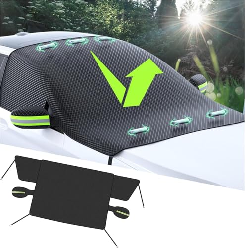 に適用 アバルト 124スパイダー 2016年10月〜2020年12月 車用マグネティックウィンドシールドカバー - オックスフォード布製、氷と雪から保護、緑の反射ストリップ付き、必需品の冬季車両アクセサリー、フロントウィンドシールドとバックミラーを守りま
