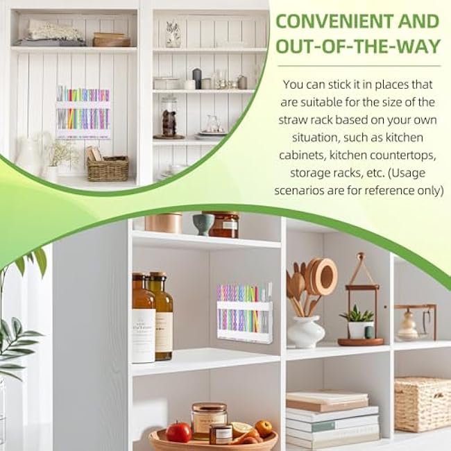 Acrylic straw holder with double-sided tape,cabinet straw organizer,Straws dispenser,suitable for cabinets and kitchen countertops (white)