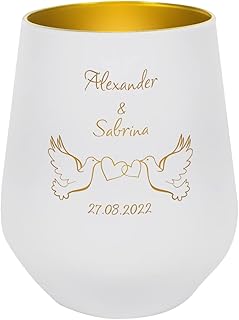 Herz & Heim® Weißer Teelichthalter zur Hochzeit mit Gravur - Tauben - mit Namen der Liebenden und Datum für die Hochzeitstafel