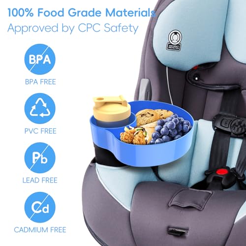 Car Seat Tray for Kids Travel: Car Seat Console Cup Holder Snack Tray, Toddlers Car Seat Activity Table Trays for Roadtrip, Baby Car Food Organizer Accessories for Eating, Booster, Stroller -Blue