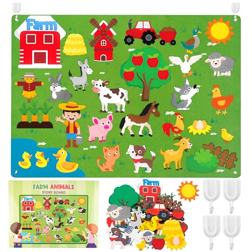 Image of WATINC Farm Animals Felt Story Board Set 3.5Ft 38Pcs Preschool Farmhouse Themed Storytelling Flannel Barnyard Domestic Livestock Early Learning Interactive Play Kit Wall Hanging Gift for Kids