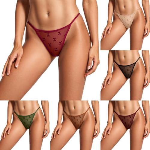 Valentines Sexy G-String Thong for Women Bow Lace Hollow Out Low Waist Panties See Through T-back Breathable Cheeky Underwear