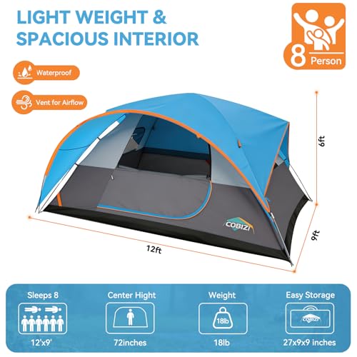 COBIZI 8-10 Person Camping Tent, 12x9FT Spacious Family Tents for Camping Ideal for Camping, Hiking, 3500mm Waterproof Double-Layer Windproof Tent for Hiking & Backpacking, Blue by COBIZI - Used condition - Image 2