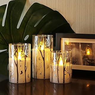Rhytsing Birch Design Glass Battery Operated LED Candles with Timer, Flameless Pillar Candles Spring & Summer Decor, Batteries Included - Set of 3