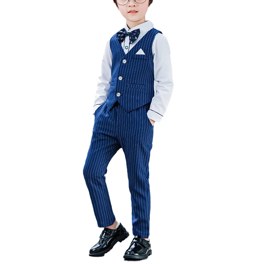 HONGBI Set da Smoking per Bambini Elegante Completo Gilet a Righe Costume Formale da Matrimonio Bambini Ragazzi Abbigliamento Set Gentleman Nozze Battesimo Abito Strisce Blu Scuro Completino