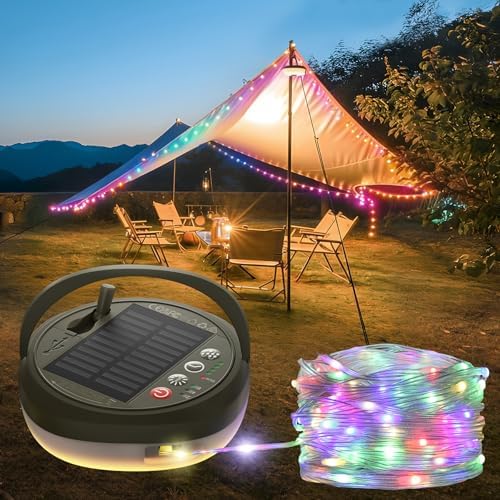 Glocusent 22 Modes Camping String Lights, 12 Ambient String Lights & 10 RGB Lantern, 130 LEDs Rechargeable Solar Powered, 33ft Tangle-Free Camping Lights String for Tent, Patio, Yard, Outdoor Decor
