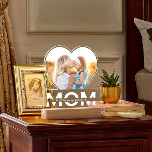 Image of SNAPTRAP Personalized MOM LED Acrylic Lamp with Photo | Customized Photo Gift for Mother | Night Lamp with Wooden Base | Birthday Gift for Mom | Mother's Day Gift | LED Photo Frame