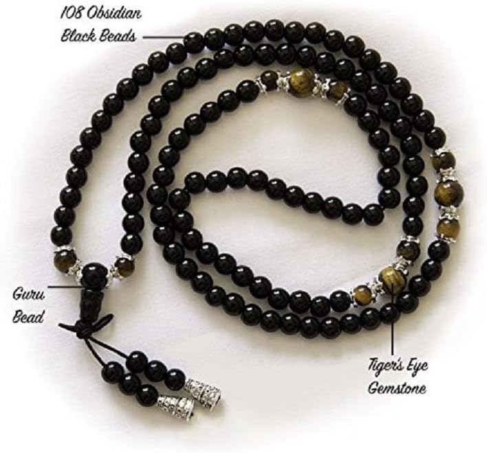 Mala Beads Bracelet|Elastic 108 Obsidian Buddha Meditation Bead|Buddhist Prayer Necklace|6MM Spiritual Jewelry For Inner Peace and Pranayama Breathe Work for Men or Women and Kids