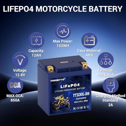 Image of Lithium Motorcycle Battery, Forgetyo YTX30L-BS LiFePO4 Battery, 12V 12AH 850A ATV, UTV, Jet Ski, 4 Wheeler and Lawn Mower Battery