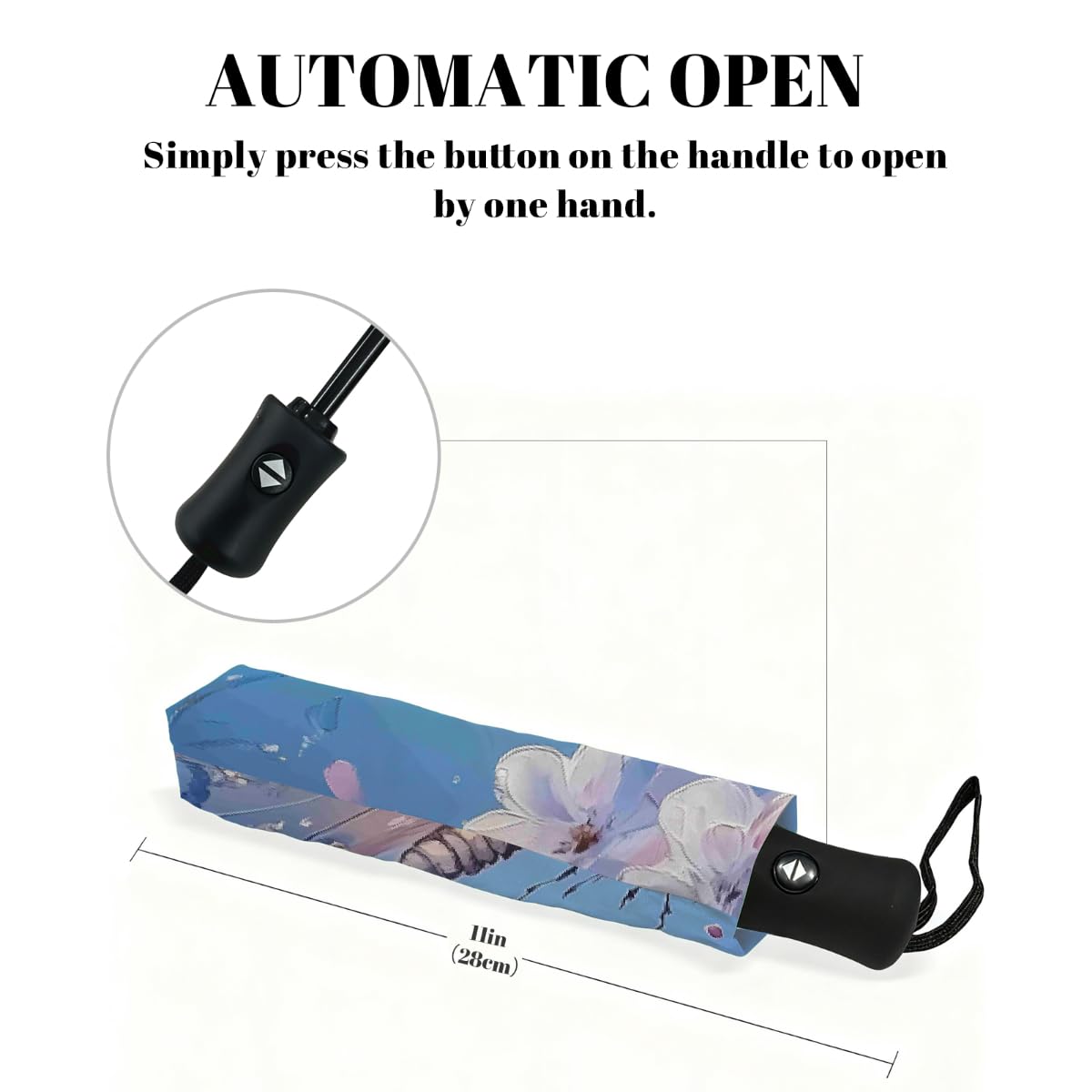 Ombrello da viaggio pieghevole con disegno a olio e farfalla blu, ombrello da viaggio, compatto, antivento, impermeabile, con protezione UV, rivestimento nero, leggero, 8 costine, portatile
