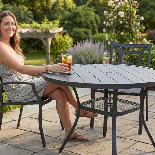 Image of VICLLAX Metal Outdoor Dining Table for 4, All Weather 40.7 inch Black Round Patio Table with Adjustable Umbrella Hole for Lawn, Garden, Balcony and Poolsides, GreyTabletop