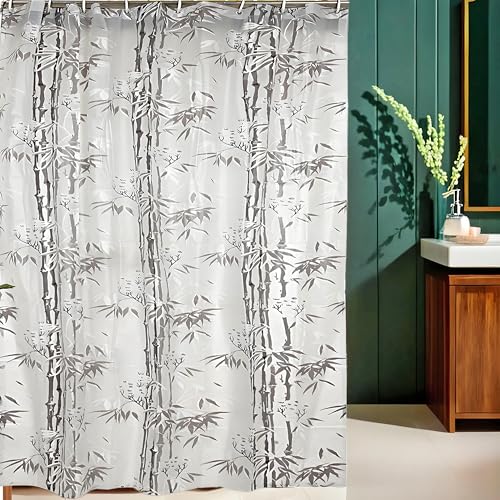 Kuber Industries Blackout PVC Floral Shower Curtain with Hooks,Size Standard (Grey), Washable, Pack of 1