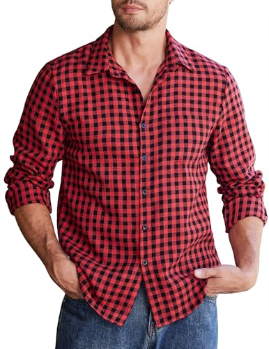 Image of COOFANDY Mens Flannel Shirt Casual Lang Sleeve Checked Work Plaid Shirts Rugelar Fit Mens Overshirt for Men UK Red-Black XL