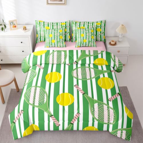 Castle Fairy Classic Tennis 7 Piece Bedding Set Queen Size,Striped Handle Racket Comforter & Sheet Sets Modern Green Stripe Bed in a Bag Fashion Sports Flat & Fitted Sheets,4 Pillow Covers