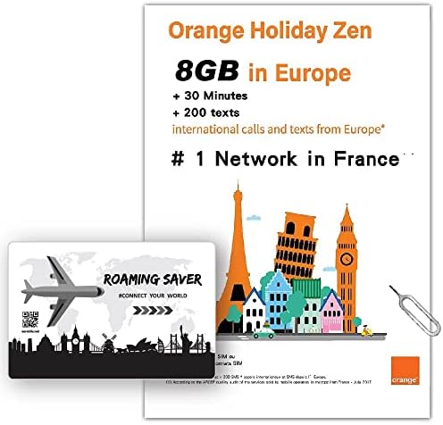 Orange Holiday – Europe Prepaid SIM CardCOMBO Deal Official Authorized 8GB Internet Data in 4G/LTE (Data tethering Allowed) + 30min International Calls + 200 Texts from Europe to Any Country World